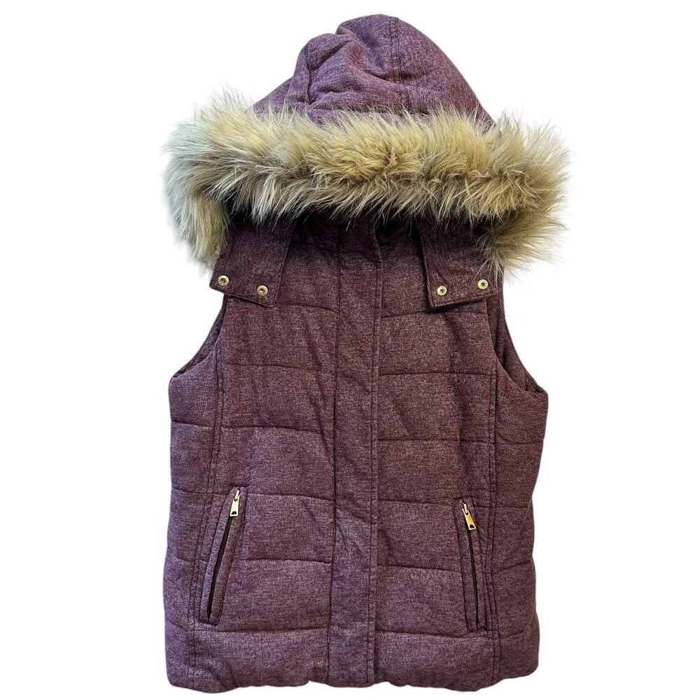 Banana‎ Republic Women's Purple Quilted Vest M Faux Fur Trim Hooded